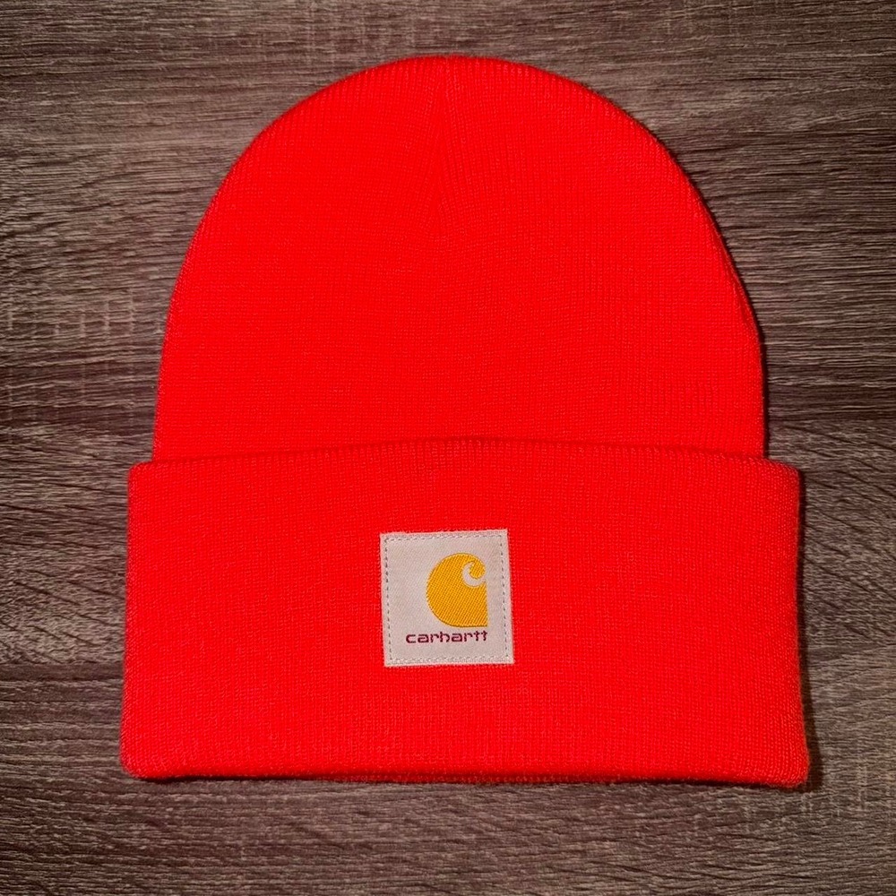 Vintage Carhartt Orange Knit Cuffed Beanie Hat One Size Acrylic Solid Logo